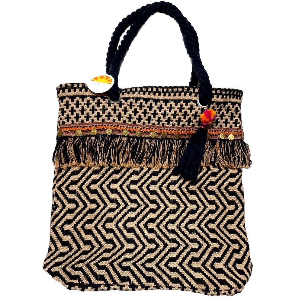 C&C California Beach Tote Shoulder Bag Woven Jute Tassel Navy Ivory Bohemian NWT